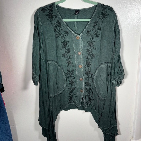 Sacred Threads Tops - Sacred Threads Button Up Top Womens OS Green Boho Embroidered Fairycore Blouse